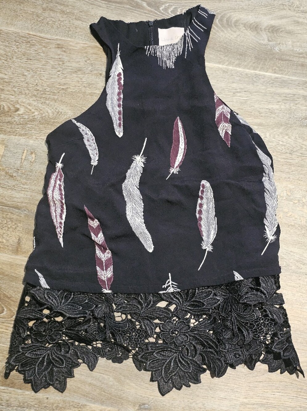 Line & Dot Black Feather-Print Halter Camisole with Lace Hem